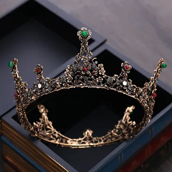 Baroko Vintage Gold Black Krištolo Karoliukai Apvalūs Nuotakos Rožančiai Crown Royal Queen Kalnų Krištolas Konkurso Karūna Vestuvių Plaukų Aksesuarai