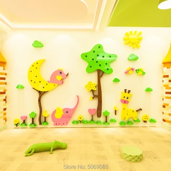 Darželio 3D sienų lipdukai animacinių filmų medžio, gyvūnų, vaikų kambario pamoka klasė kultūros sienų apdaila sienos