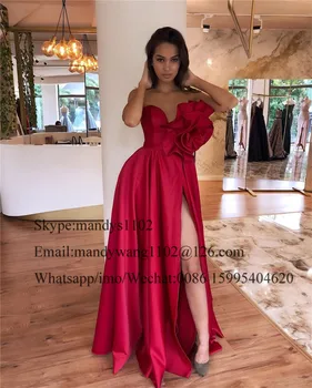 Mbcullyd Raudona Satino Pusės Split Prom Dresses Ilgai 2019 Oficialią Liniją Vakarinę Suknelę Moterų Plius Dydis Ponios Vestidos De Gala