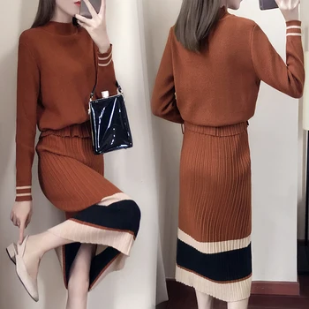 Rudenį 2018 naujas klostuotas biustas sijonas, megztinis megztinis ilgas sijonas du vnt. drabužių rinkinį lady aprangą ilgomis rankovėmis vestido juostele