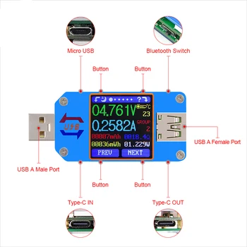 RD UM25 UM25C APP USB 2.0 Tipas-C LCD Voltmeter ammeter įtampa srovės matuoklis baterija usb Testeris