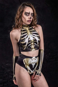 Halloween Kostiumai, Moterims, Cosplay Seksualus Jumpsuit Mirusiųjų Dienos Topai, Šortai Rinkinys 3D Skeletas Spausdinti Bodysuit Karnavalas Šalis