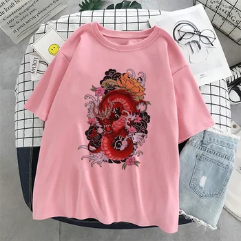 Moteris Medvilnės Marškinėlius Harajuku Dragon Kpop Ropa Mujer Y2k Viršūnes Estetinės Derliaus Femme T-shirt korėjos Negabaritinių Stiliaus Rožinės spalvos Marškinėliai