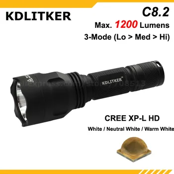Naujas KDLITKER C8.2 Cree XP-L HD Balta 6500K / Neutrali Balta 5000K / Šiltai Balta 3000K 1200 Liumenų LED Žibintuvėlis - Black (1x18650)
