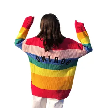 Moterų Spalvinga Vaivorykštė Dryžuotas Megztinis Kailis Vieną Krūtinėmis Megztinis Outwear Saldus Mados 2019 Striukė
