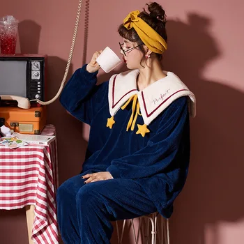 2020 Moterų Pižama Nustatyti Rudenį/Žiemą Tirštėti Prarasti Moterų Sleepwear karinio jūrų Laivyno Apykaklės Moterų Namų Kostiumas