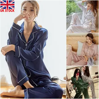 Moterų Šilko Satino Pajama Pj ' s Rinkinys ilgomis Rankovėmis Mygtuką Sleepwear Homewear naktiniai drabužiai