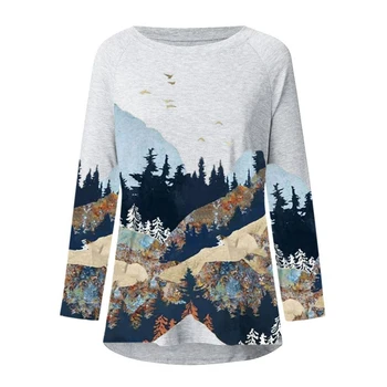 Moterų Atsitiktinis Retro Stiliaus Kalnų Medis Spausdinti Laisvalaikio Megztinis ilgomis Rankovėmis O-Kaklo marškinėliai Palaidinė Viršų
