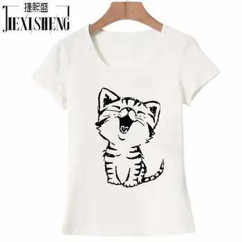 Vasarą Naujos Mados Moterų Atsitiktinis O-Kaklo Marškinėliai Topai Camisas su Funny Cat Spausdinimo ir trumpomis Rankovėmis HH08