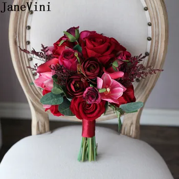 JaneVini Vestuvių Gėlės, Vestuvių Puokštės Raudona gėlytė rožių Kerai Dirbtinis Cymbidium Calla lily Nuotakos Rankos Turėtojas Gėlių Puokštė