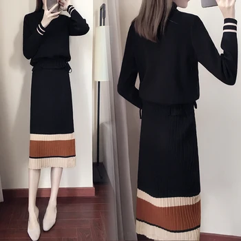 Rudenį 2018 naujas klostuotas biustas sijonas, megztinis megztinis ilgas sijonas du vnt. drabužių rinkinį lady aprangą ilgomis rankovėmis vestido juostele