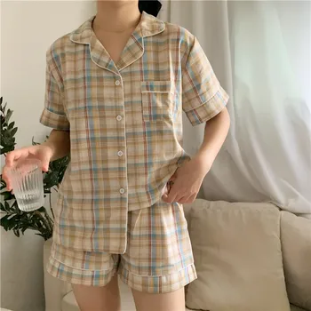 Atsitiktinis pledas vasaros pižama nustatyti moterų sleepwear trumpas rankovės viršuje šortai namų kostiumas 2vnt spalvinga kratinys prarasti pižamos Y016
