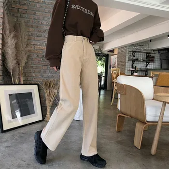 Laisvas Velvetas Kelnės Moterims, Platus Kojos Aukšto Liemens Kelnės Rudens Žiemos Atsitiktinis Ilgas Kelnes Harajuku Streetwear Smėlio Spalvos Kelnės 2021