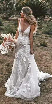 Derliaus Undinė Spageti Vestuvių Suknelė 2021 V-kaklo Backless Nėrinių Appliques 3D Gėlės Šalies Nuotakos Suknelė Plius Dydis Užsakymą