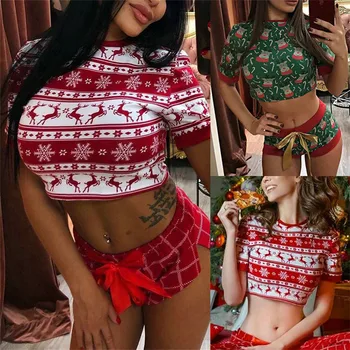 Moterų Briedžių Atspausdintas Kalėdų Seksualus Rinkiniai trumpomis Rankovėmis Megztinis Viršuje ir Mini Šortai 2Pieces Kostiumai Homewear Clothings