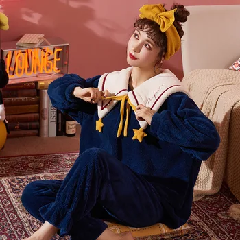 2020 Moterų Pižama Nustatyti Rudenį/Žiemą Tirštėti Prarasti Moterų Sleepwear karinio jūrų Laivyno Apykaklės Moterų Namų Kostiumas