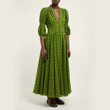 Meksikos suknelė 2019 boho hipių elegantiškos nėrinių kratinys tuščiaviduriai apskrito modelio žalia suknelė Moterims sexy v kaklo 1/2 rankovės maxi suknelė