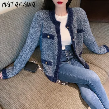 MATAKAWA Single-breasted Megzti Megztinis Elegantiškas ir Laisvi Mados Apvalios Kaklo Moteris Megztiniai ilgomis rankovėmis Viršuje Traukti Femme Hiver