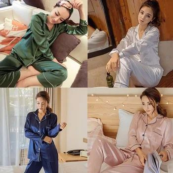 Moterų Šilko Satino Pajama Pj ' s Rinkinys ilgomis Rankovėmis Mygtuką Sleepwear Homewear naktiniai drabužiai