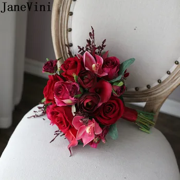 JaneVini Vestuvių Gėlės, Vestuvių Puokštės Raudona gėlytė rožių Kerai Dirbtinis Cymbidium Calla lily Nuotakos Rankos Turėtojas Gėlių Puokštė
