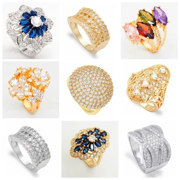 15 Skirtingų Stilių Karšto Pardavimo Prabangos Prekės Dideli Žiedai Moterims Visiškai Dešimtys Kubinių Cirkonis Kristalų Vestuvinis Aukso Žiedas Dubajus Papuošalai