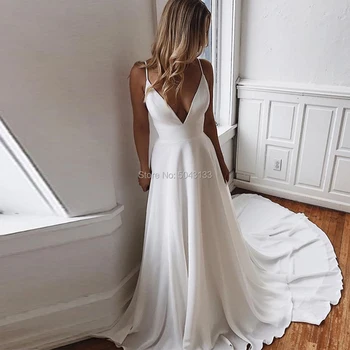 Seksualus Giliai V Kaklo Vestuvių Suknelės 2021 Linijos Satin White Aplikacijos Backless Nuotakos Suknelė Be Rankovių Dirželiai Valymo Traukinio Nuotakos Suknelė