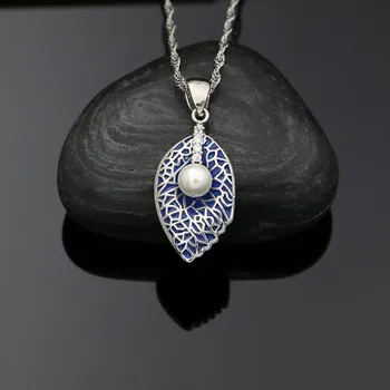 925 Sidabras Papuošalų Rinkinys Moterims Mėlyna Emalį Crystal Pearl Lapų Auskarai, Karoliai Pakabukas 