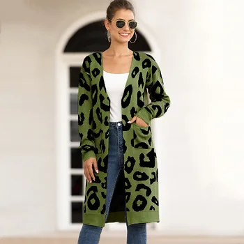 Unikalus Gamtos Moterų Leopard Cardigan Megztinis Atidaryti Priekiniai Šiltas ilgomis Rankovėmis Purus Megzti Paltai su Kišenėmis