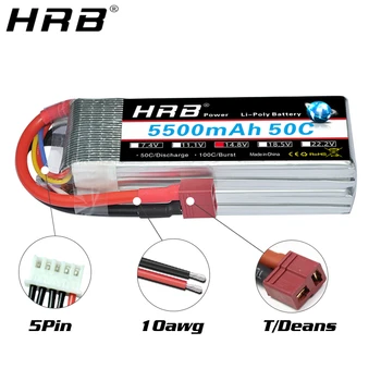 HRB Lipo Baterija 5500mah 7.4 V 2S 11.1 V 50C T Plug Dekanai XT60 RC Dalys Lėktuvų Quadcopter Automobilių 14.8 V 4S 5S 6S 3S 18.5 V 22.2 V
