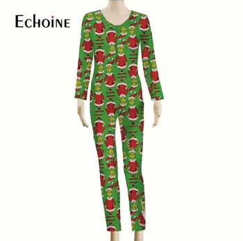 Echoine Moterų Sexy V Kaklo suaugusiųjų Onesies Jumpsuit Sleepwear Kalėdų Helovinas visą Rankovės, kelnės Bodycon Bodysuit plius dydis
