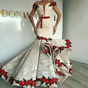 Sevintage arabų Dubajus Nėrinių Undinė Prom Dresses Gėlės nuo Peties vakarinę Suknelę Oficialią Šalies Chalatai Vestidos De Fiesta