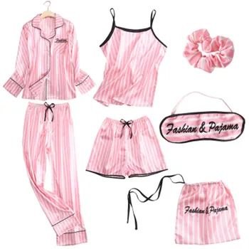 Rožinė Dryžuota Pižama Šilko Satino Femme Pajama Nustatyti 7 Gabalus Dygsnio apatinis trikotažas Skraiste, pižamos Moterims Sleepwear pjs
