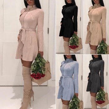 Sutimine Rudens Žiemos Moterų Atsitiktinis Varčios Suede Suknelė Kišenėje ilgomis Rankovėmis Moteriška Mini Suknelė Šilta Lieknėjimo Tilptų Golfo Suknelės