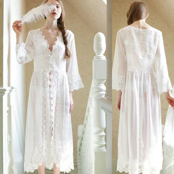 2020 m Ilgio moterų šilko naktį suknelė prancūzijos teisme, balta nėrinių skaidrus miega princesė dress nuotaka pižama motinystės pižamą