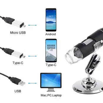 3-in-1 1600X USB Mikroskopą, OSX Windows PC Tipo C Micro-USB mobiliojo Telefono didinamasis stiklas