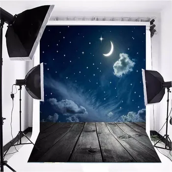 Vinilo Fotografijos Fone, Mėnulio ir Medinių Grindų Tamsiai Mėlyna Žvaigždėtas Dangus Naktį Scena Vaikams Backdrops fotostudija F-2748
