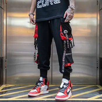 Vyrai Hip-Hop Juoda Krovinių Kelnės poilsiu Sweatpants darbo drabužiai Vyrams Juostelės Streetwear Haremo Kelnės Moterims Mados Kelnės
