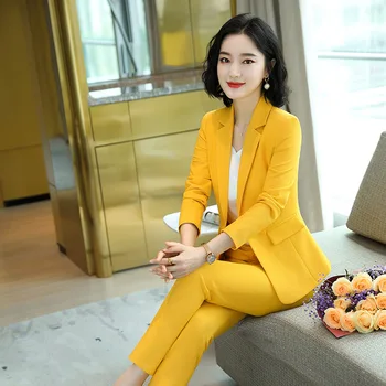 Aukštos kokybės rudens ir žiemos moteriškų moterų kostiumas kelnės-dviejų dalių kostiumėlį 2020 Naujas Elegantiškas Geltonas Lady Office Švarkas Slim kelnės