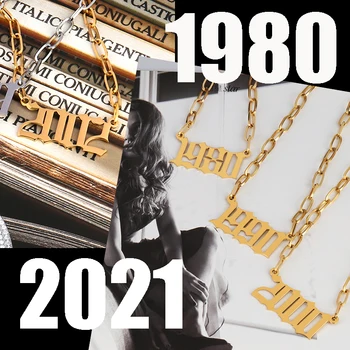 1980-2021Year Skaičius Karoliai Nerūdijančio Plieno Karoliai Moterims, Vyrams, Hip-Hop, Punk Didelis Nuorodą Grandinės Karoliai Dovana skaičius papuošalai