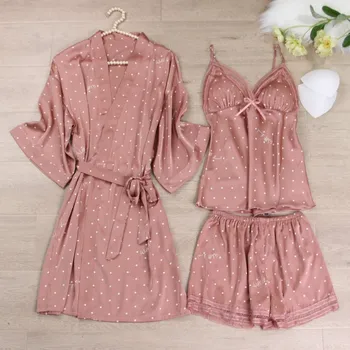 Pink Dot Spausdinti Vestuvių Apdarą Nustatyti Sleepwear Atsitiktinis Intymus Apatinis Trikotažas Pižamą Nightdress Minkštas Homewear Namų Drabužių Suknelė Kimono
