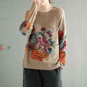 Max LuLu 2021 Mados Stilius Pavasario Moterų Spausdinti Vintage Megztinis Ponios Gėlių Prarasti Puloveriai Moterų Megzti Negabaritinių Džemperiai
