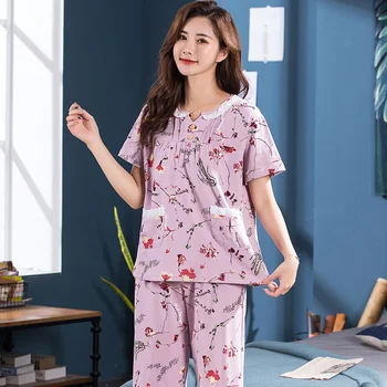 M-4XL Pajama apie Moterų Sleepwear Plius Dydis Gėlių pyjama pijama de mujer medvilnės pizama damska Apatiniai, naktiniai drabužiai Rinkiniai