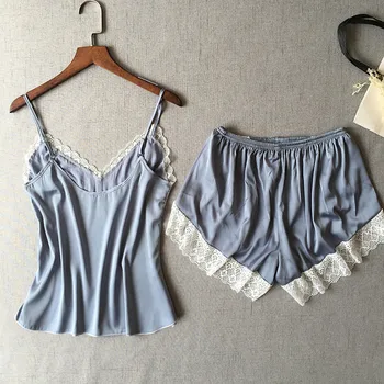 Satino sleepwear vasaros orui sexy nėrinių diržas rankovių pajama šortai nustatyti v-kaklo balta nėrinių prabanga moterų pyjama namų drabužiai