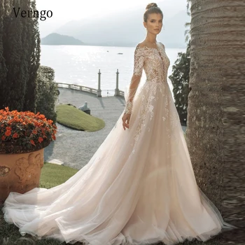 Verngo Derliaus Šviesos Šampano Nėrinių Aplikacijos Vestuvių Suknelė Ilgomis Rankovėmis Vien Kaklo Tiulio Princesė Linijos, 2021 Nuotakos Suknelės