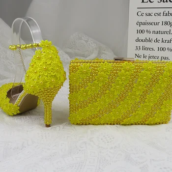 7cm/9cm Geltona Gėlė Vestuvių Batai Su Atitikimo Krepšiai Aukštakulniai Smailianosiai Kojų Čiurnos Dirželis Ponios Šalies batų ir pagalvių rinkinys