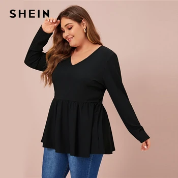 SHEIN Plus Size V Kaklo Peplum Tee Kietas Viršuje Moterys Pavasarį, Rudenį ilgomis Rankovėmis Negabaritinių Tampri, Atsitiktinis marškinėliai