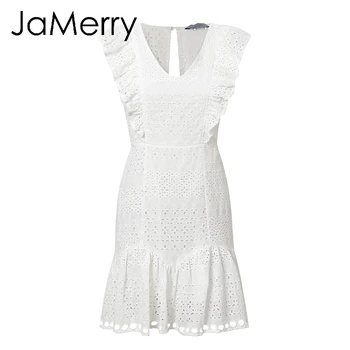 JaMerry Derliaus balta nėrinių medvilnės siuvinėjimo moterų suknelė Susiėmę Pavasarį, vasarą mini suknelė Seksualus šalies trumpos suknelės 2019 vestidos