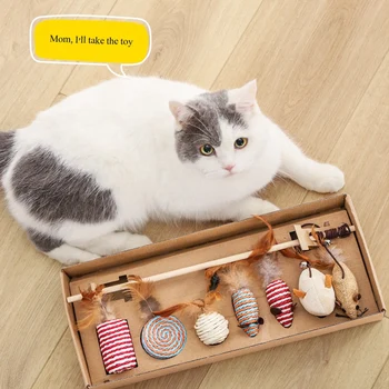 Katė Žaislas Septynių Dalių Dovanų Dėžutėje Nustatyti Plunksnų Varpai Funny Cat Stick Lino Pelės Katžolių Žaislas Naminių Reikmenys