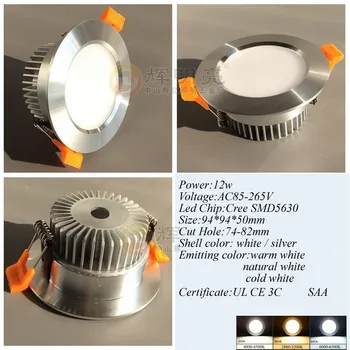 Naujausias įleidžiamas Led downlight 10w 12w pritemdomi led šviestuvas šviesos lempos šilta šalta balta AC90-260C 120angle silver / white shell