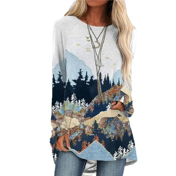 Moterų Atsitiktinis Retro Stiliaus Kalnų Medis Spausdinti Laisvalaikio Megztinis ilgomis Rankovėmis O-Kaklo marškinėliai Palaidinė Viršų